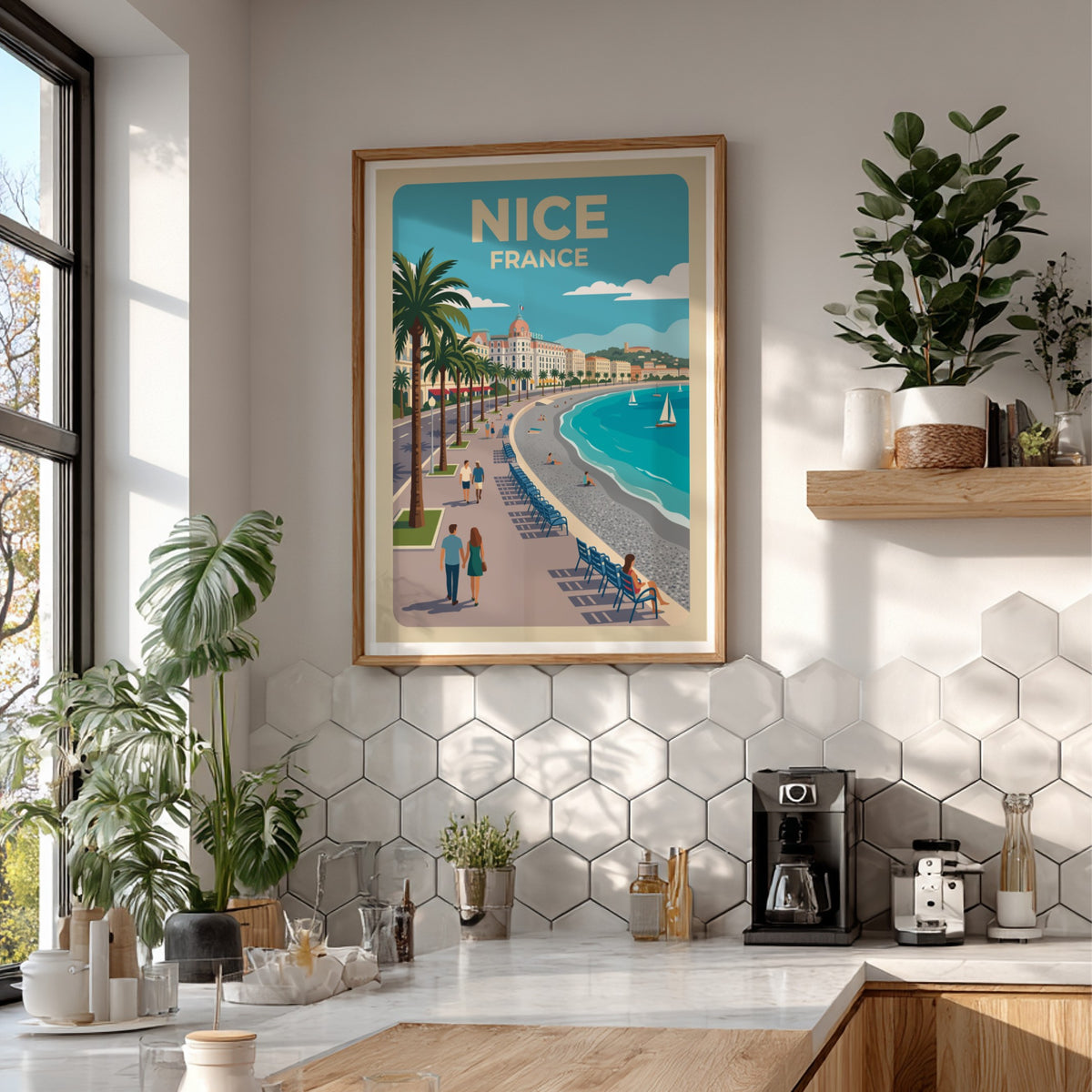 Travel poster of Nice France featuring palm trees, a blue sea, and pedestrians.