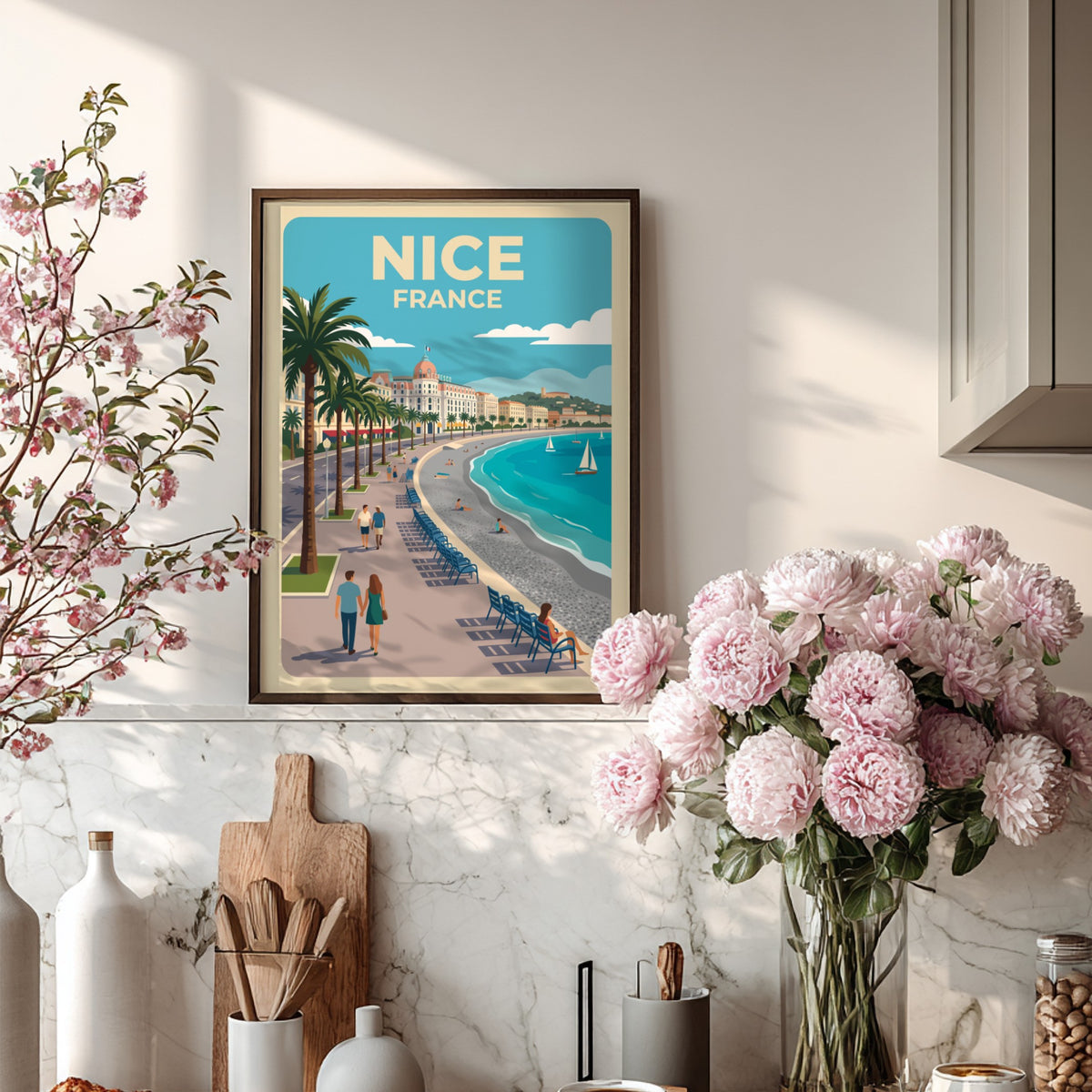 Travel poster of Nice France featuring palm trees, a blue sea, and pedestrians.