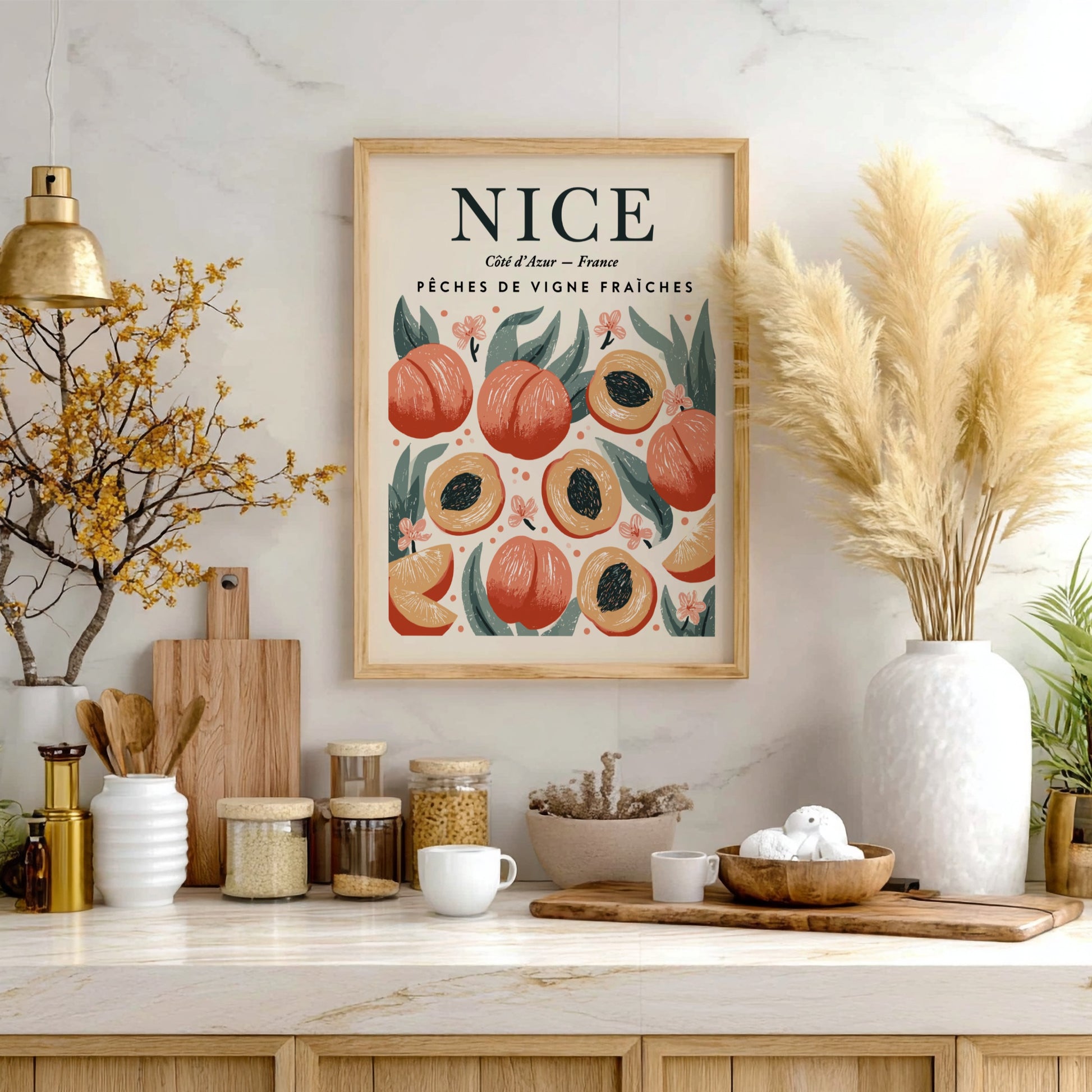 Peach kitchen poster featuring vibrant peaches and green leaves, perfect for home decor.