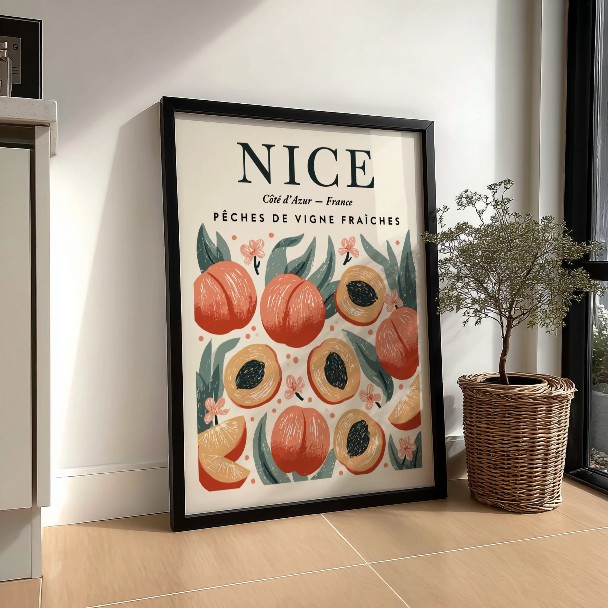 Peach kitchen poster featuring vibrant peaches and green leaves, perfect for home decor.