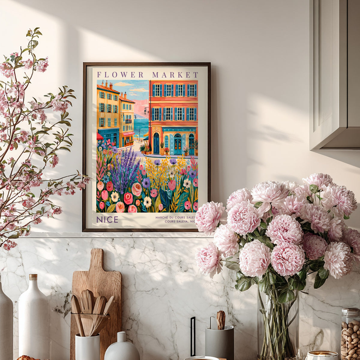 Flower market poster showcasing vibrant colors and cityscape of Nice