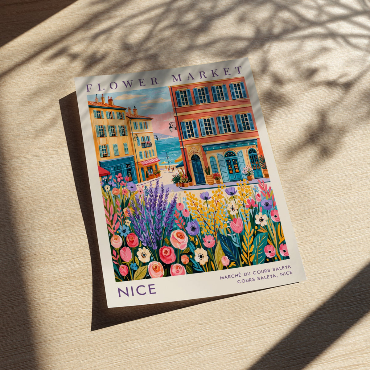 Flower market poster showcasing vibrant colors and cityscape of Nice