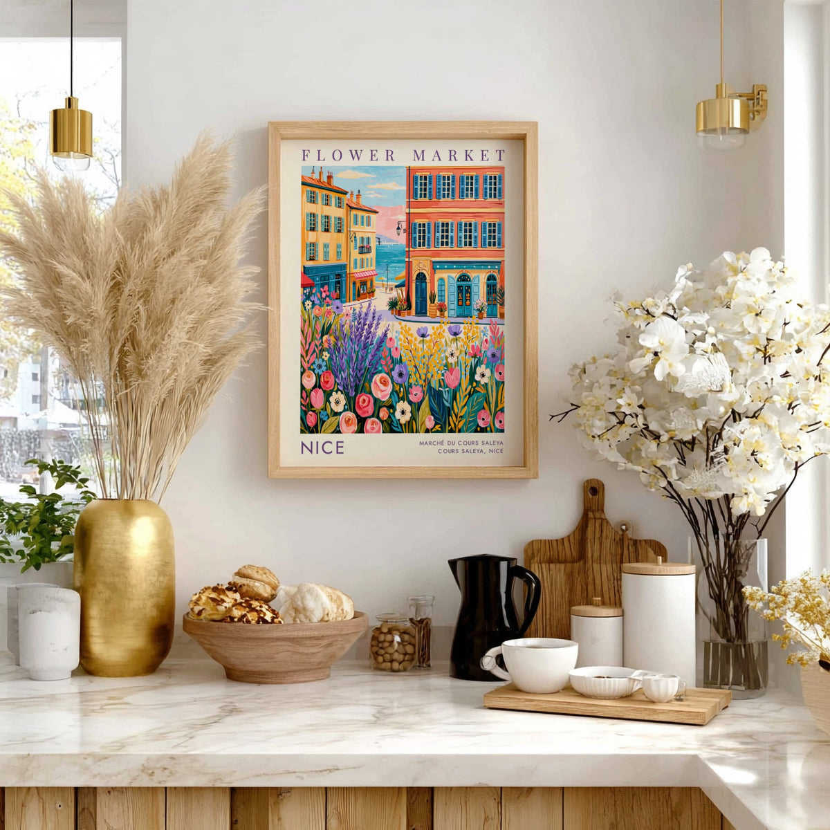 Flower market poster showcasing vibrant colors and cityscape of Nice