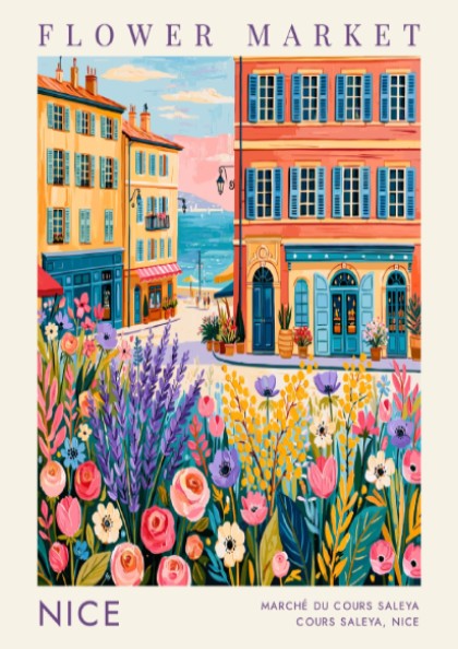 Flower market poster showcasing vibrant colors and cityscape of Nice