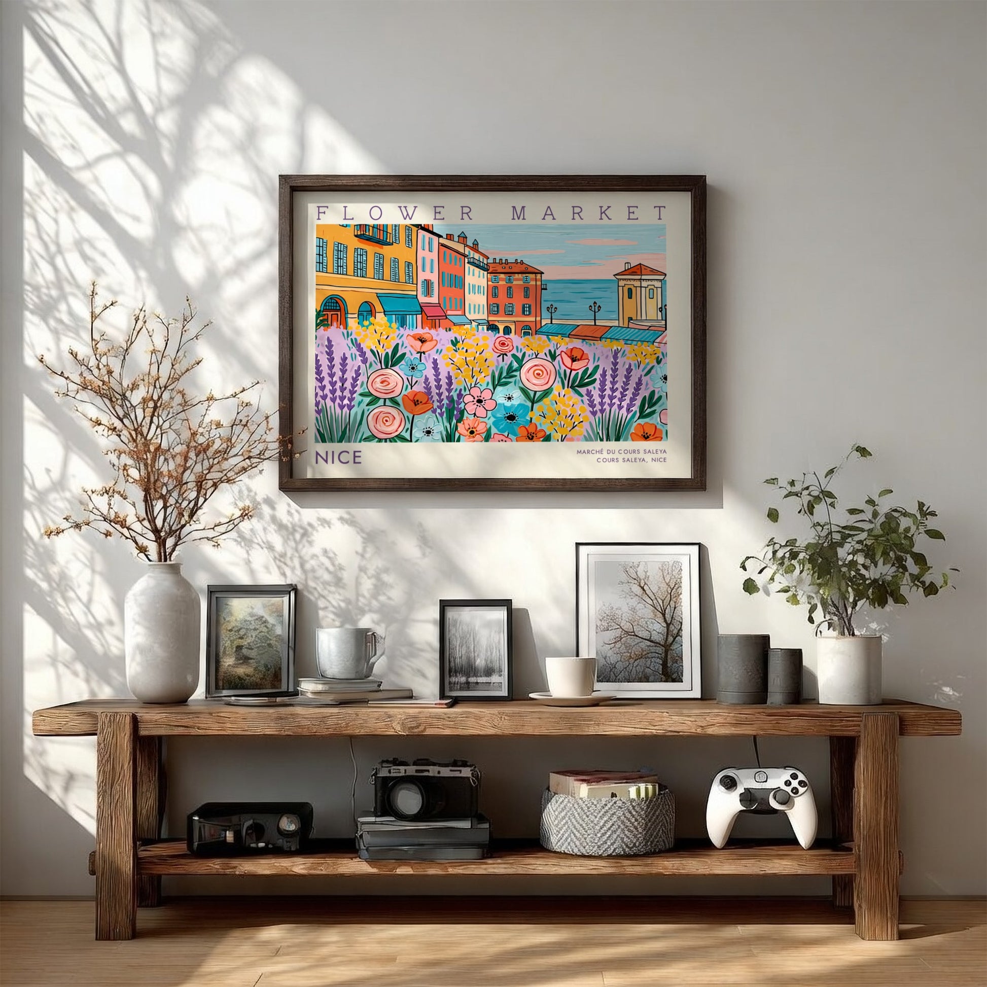 Flower market poster featuring vibrant flowers and Nice's architecture in a colorful style