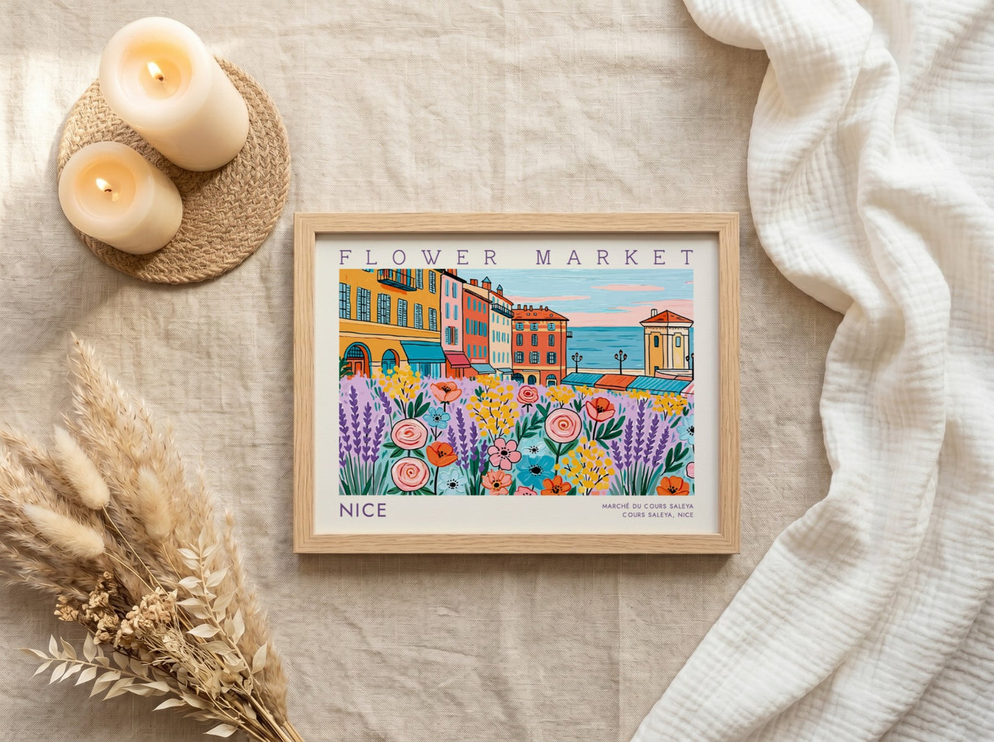 Flower market poster featuring vibrant flowers and Nice's architecture in a colorful style