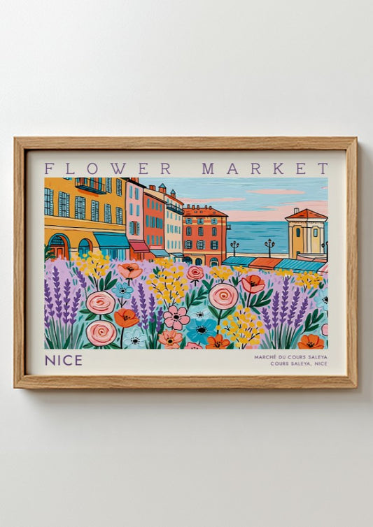 Flower market poster featuring vibrant flowers and Nice's architecture in a colorful style