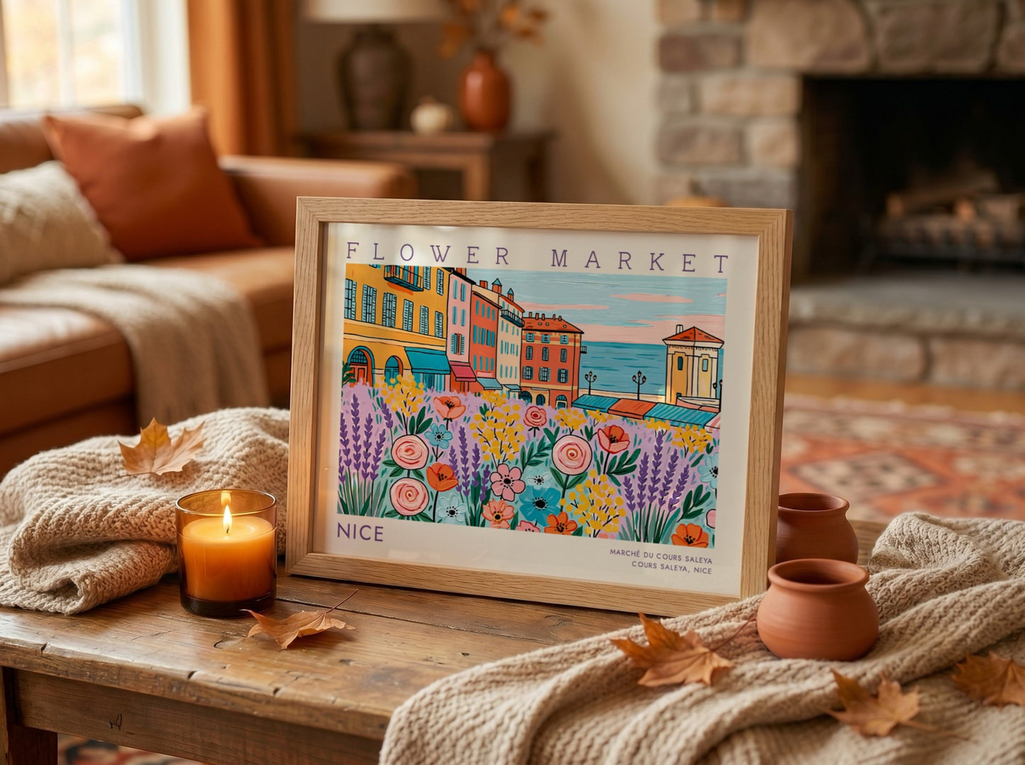 Flower market poster featuring vibrant flowers and Nice's architecture in a colorful style