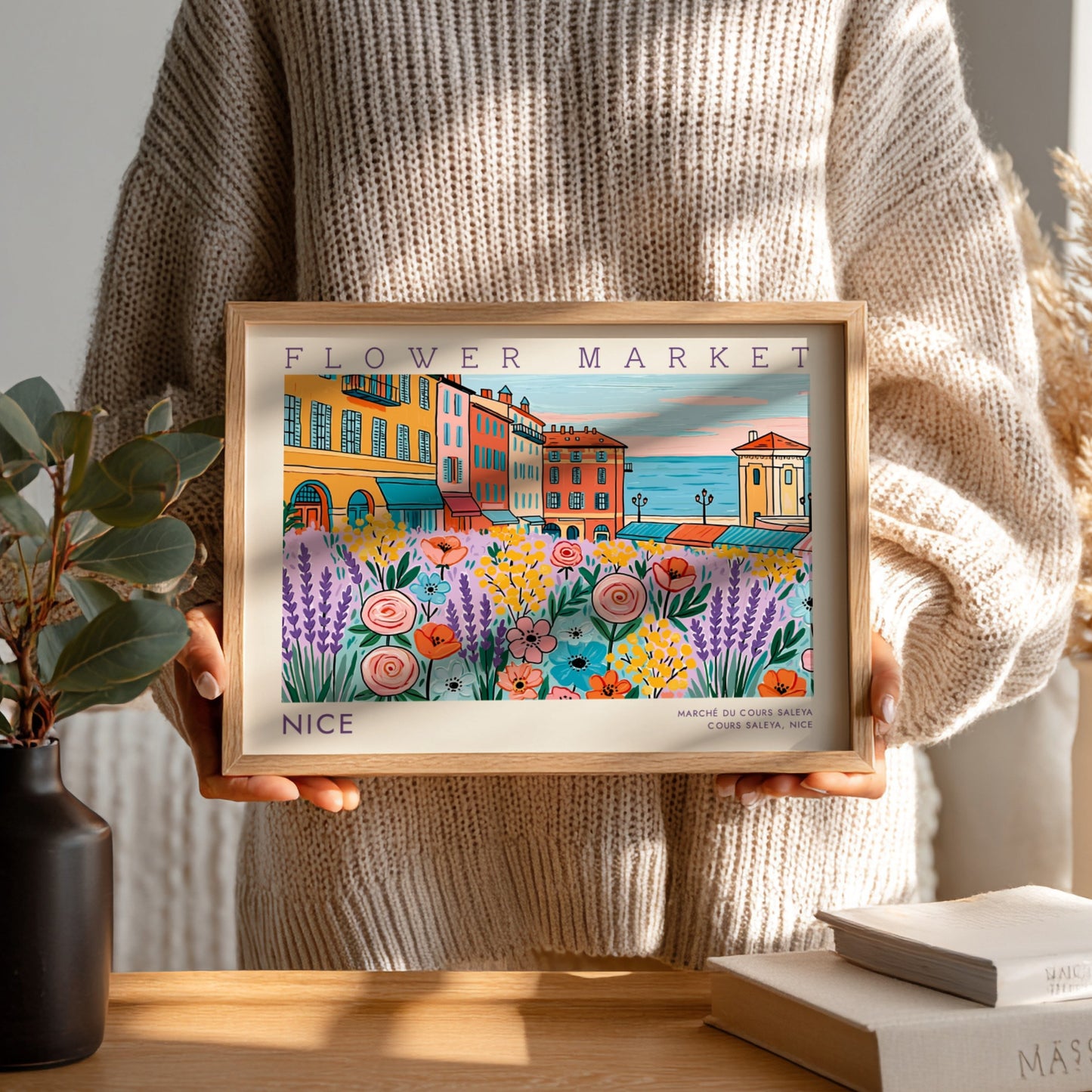 Flower market poster featuring vibrant flowers and Nice's architecture in a colorful style