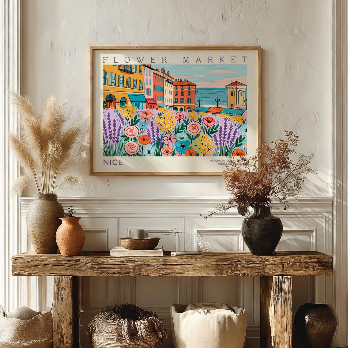 Flower market poster featuring vibrant flowers and Nice's architecture in a colorful style
