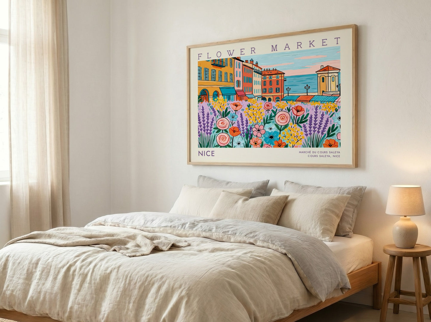 Flower market poster featuring vibrant flowers and Nice's architecture in a colorful style