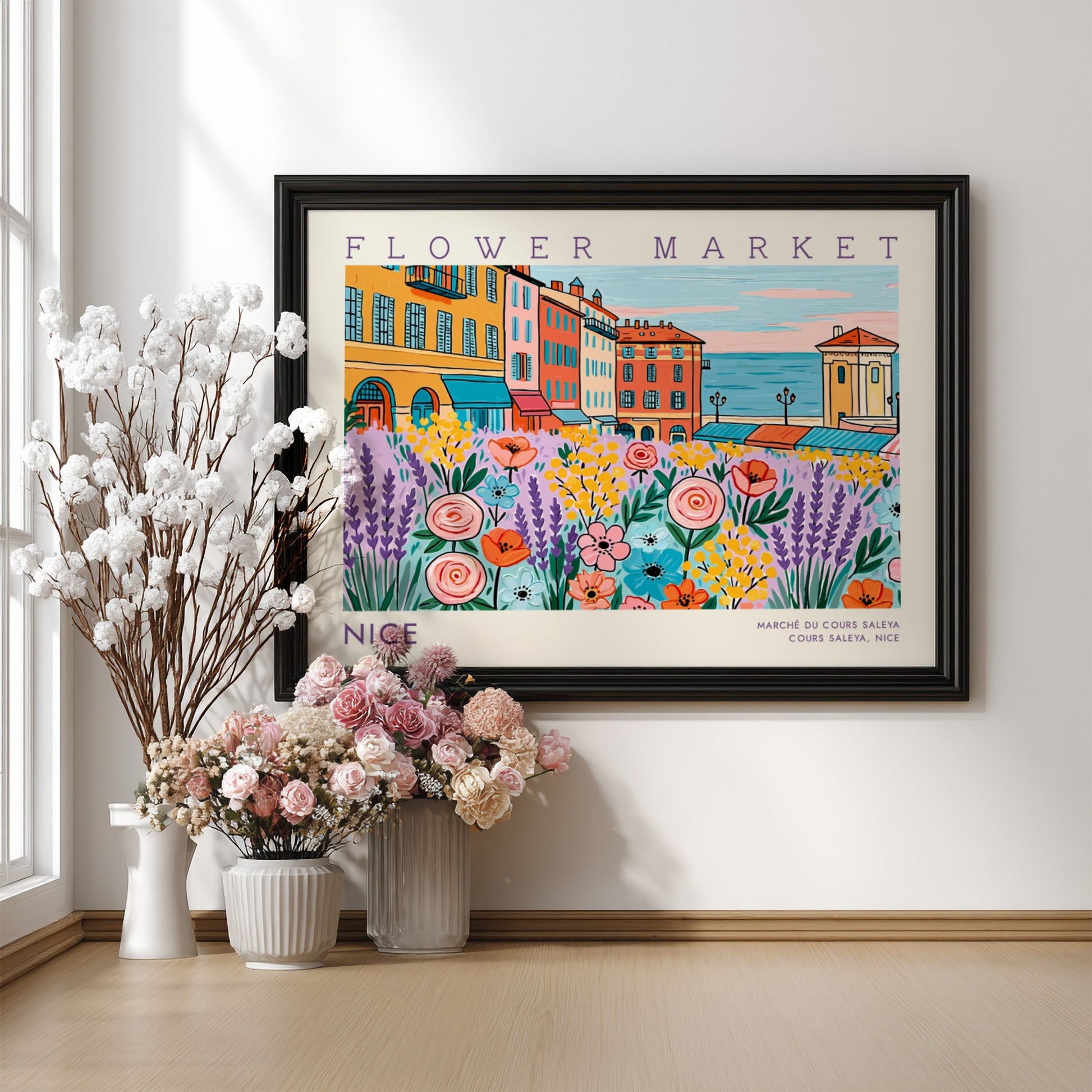 Flower market poster featuring vibrant flowers and Nice's architecture in a colorful style
