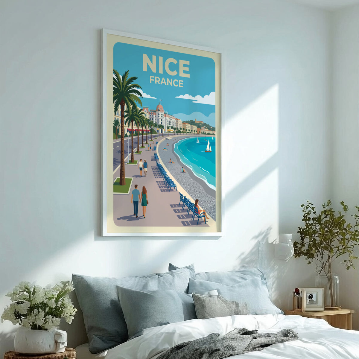 Travel poster of Nice France featuring palm trees, a blue sea, and pedestrians.