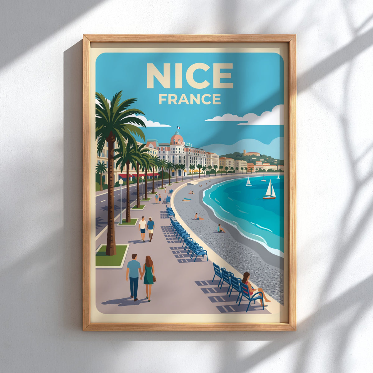 Travel poster of Nice France featuring palm trees, a blue sea, and pedestrians.