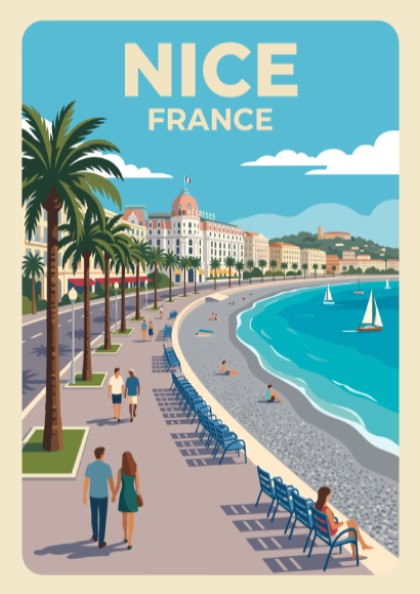 Travel poster of Nice France featuring palm trees, a blue sea, and pedestrians.