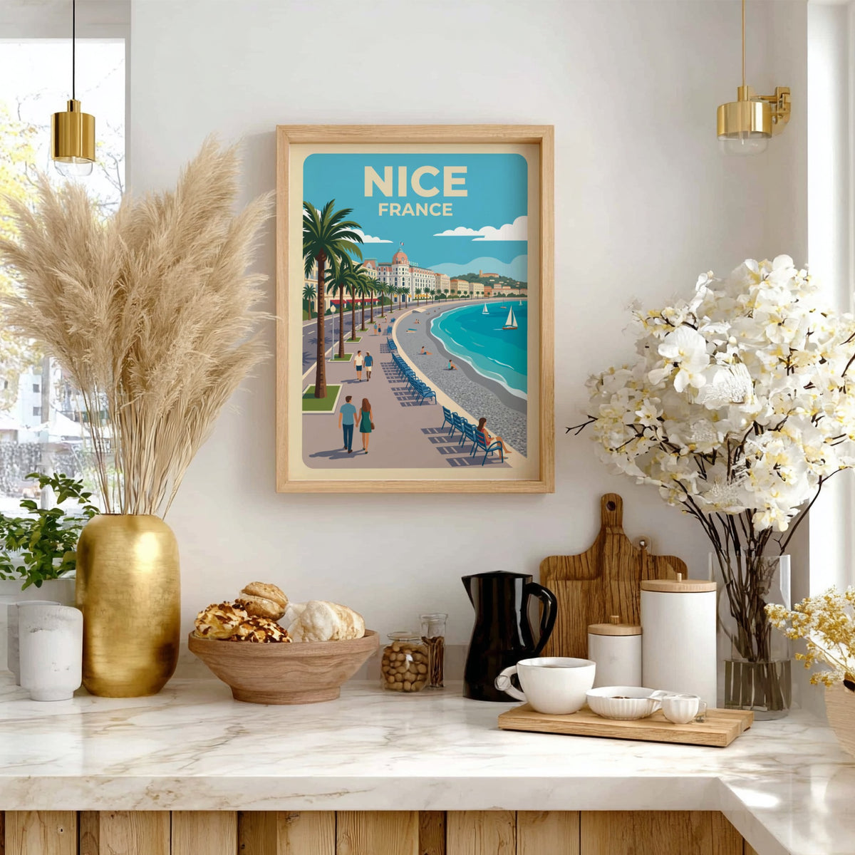 Travel poster of Nice France featuring palm trees, a blue sea, and pedestrians.