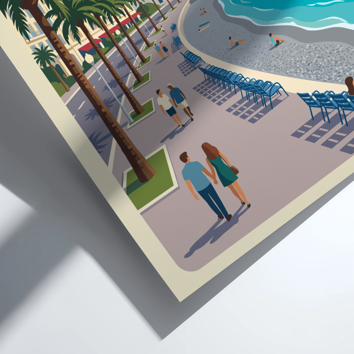 Travel poster of Nice France featuring palm trees, a blue sea, and pedestrians.