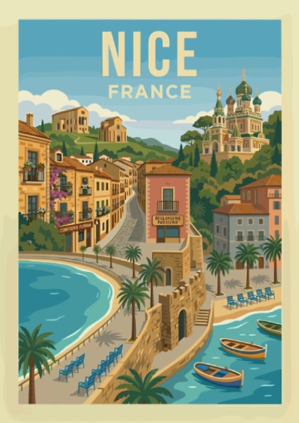 Vintage travel poster of Nice, France, showcasing a coastal view with buildings and a cathedral.