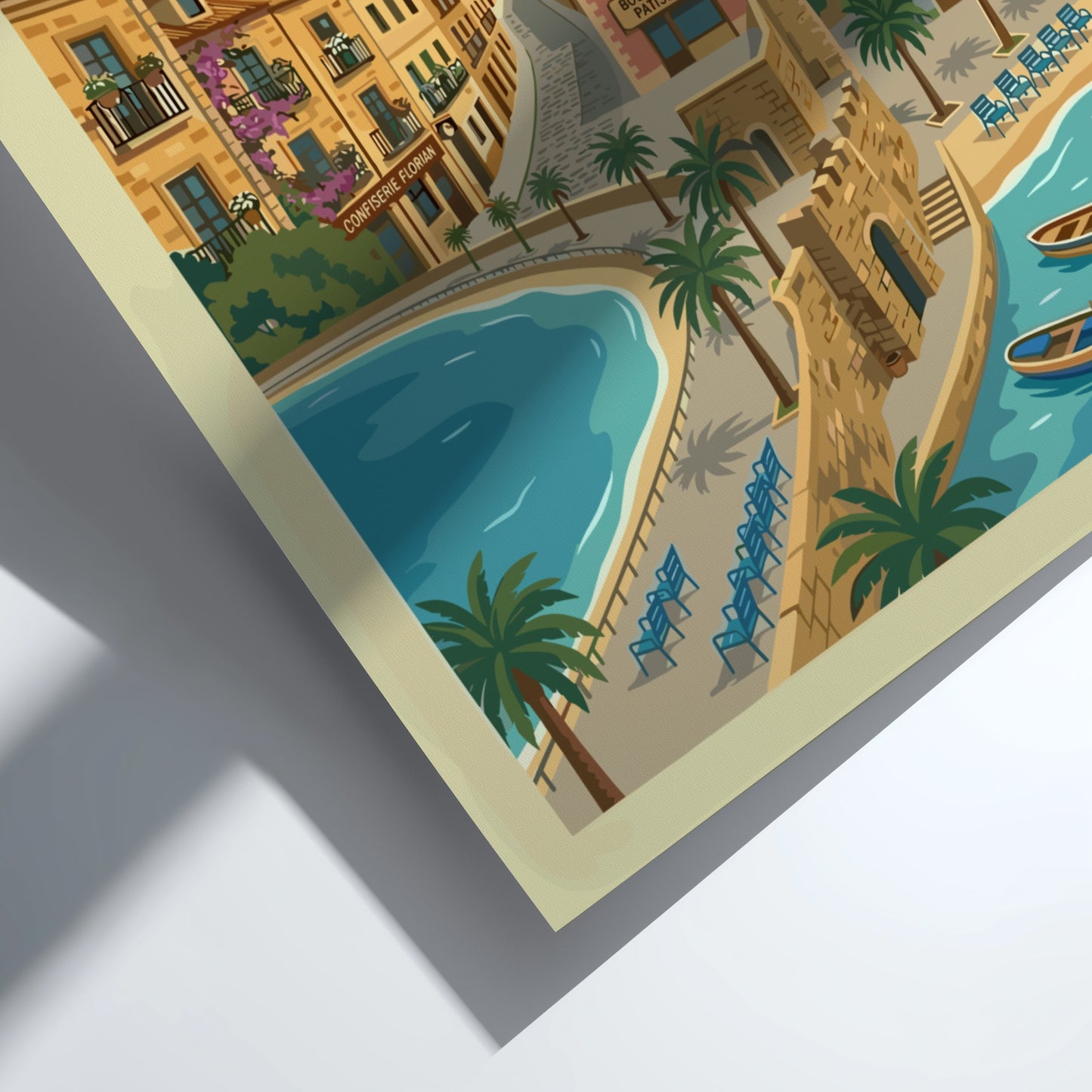 Vintage travel poster of Nice, France, showcasing a coastal view with buildings and a cathedral.