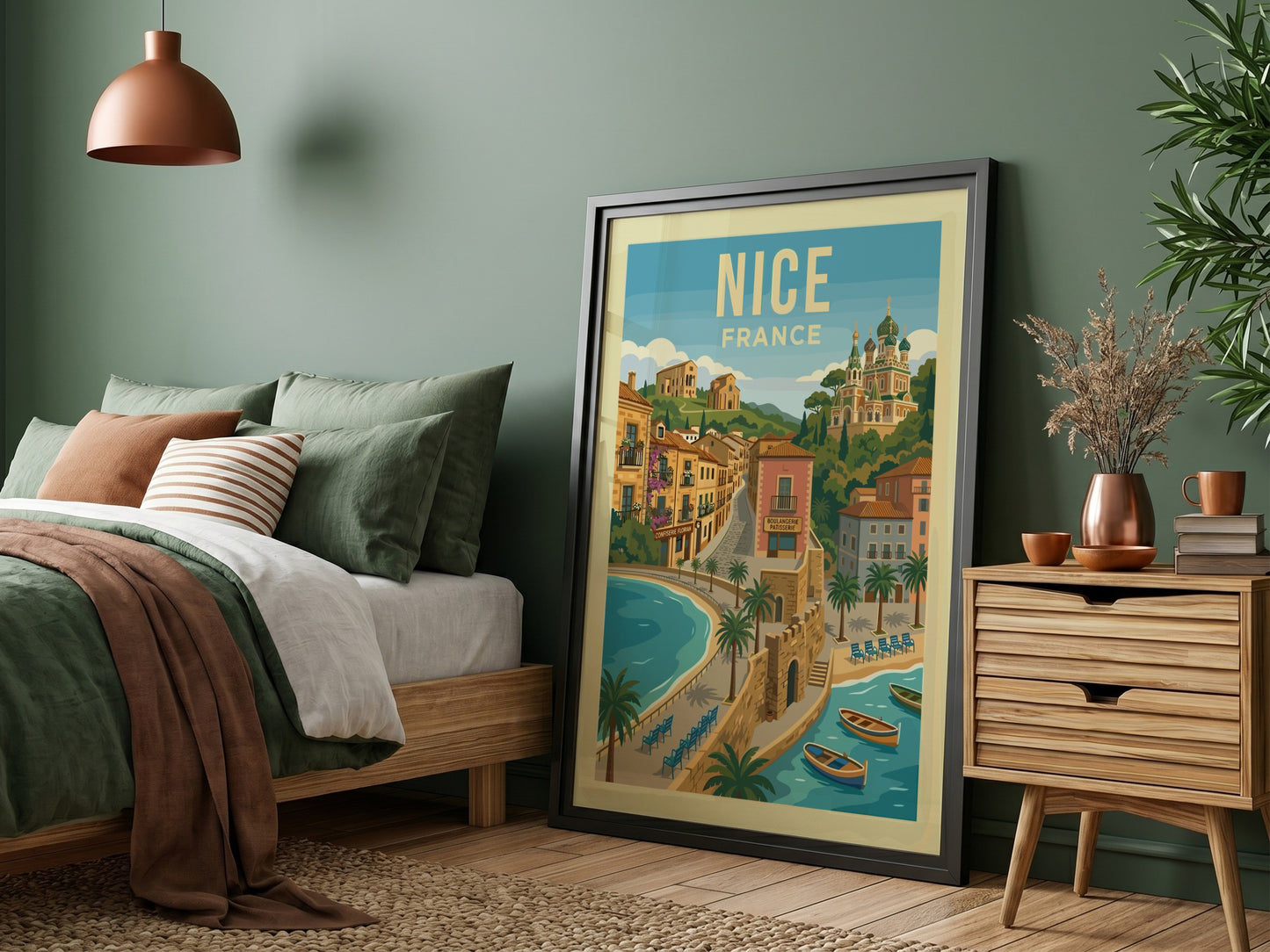 Vintage travel poster of Nice, France, showcasing a coastal view with buildings and a cathedral.