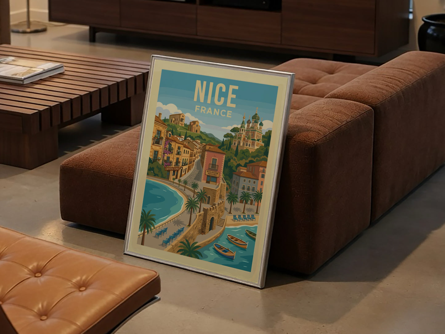Vintage travel poster of Nice, France, showcasing a coastal view with buildings and a cathedral.