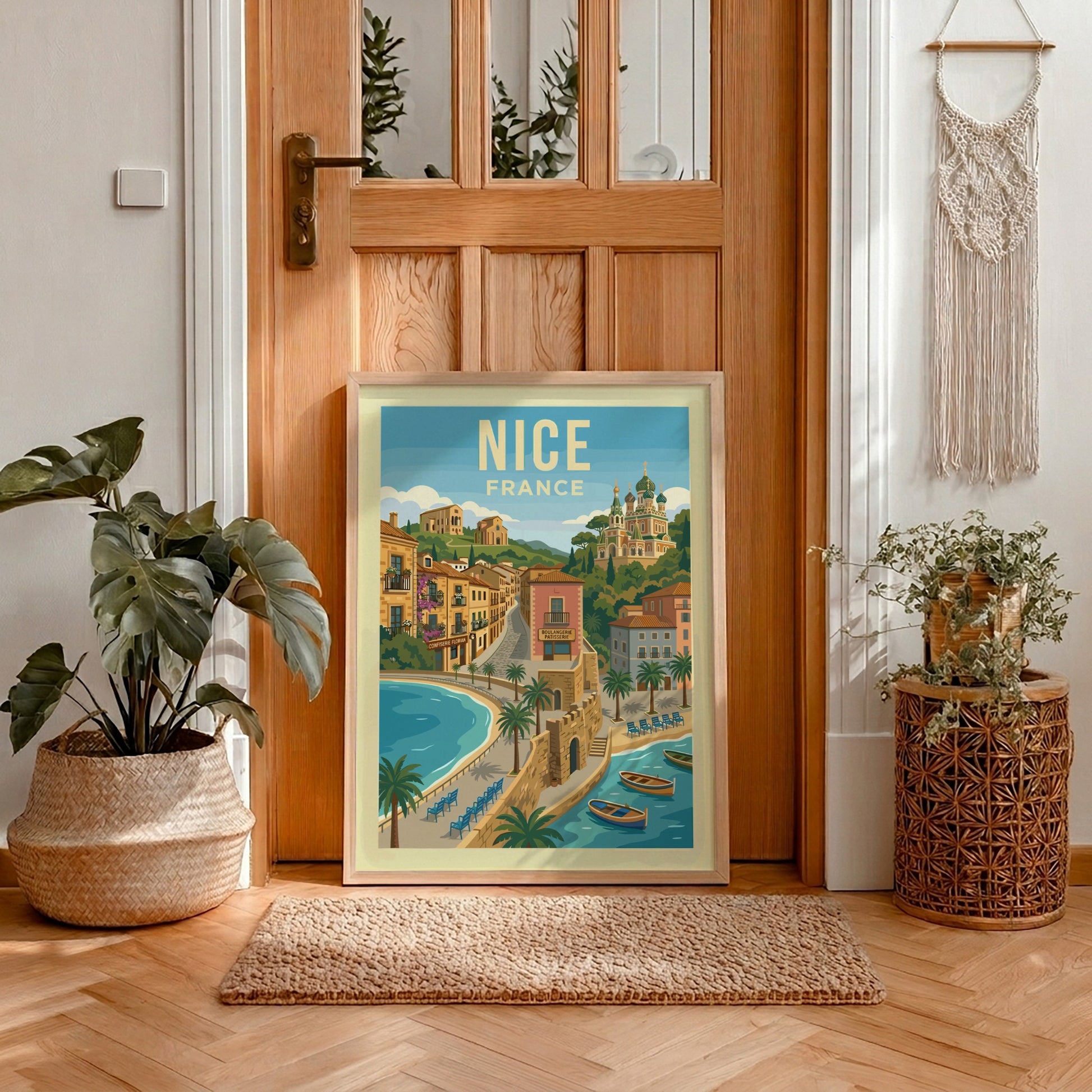 Vintage travel poster of Nice, France, showcasing a coastal view with buildings and a cathedral.