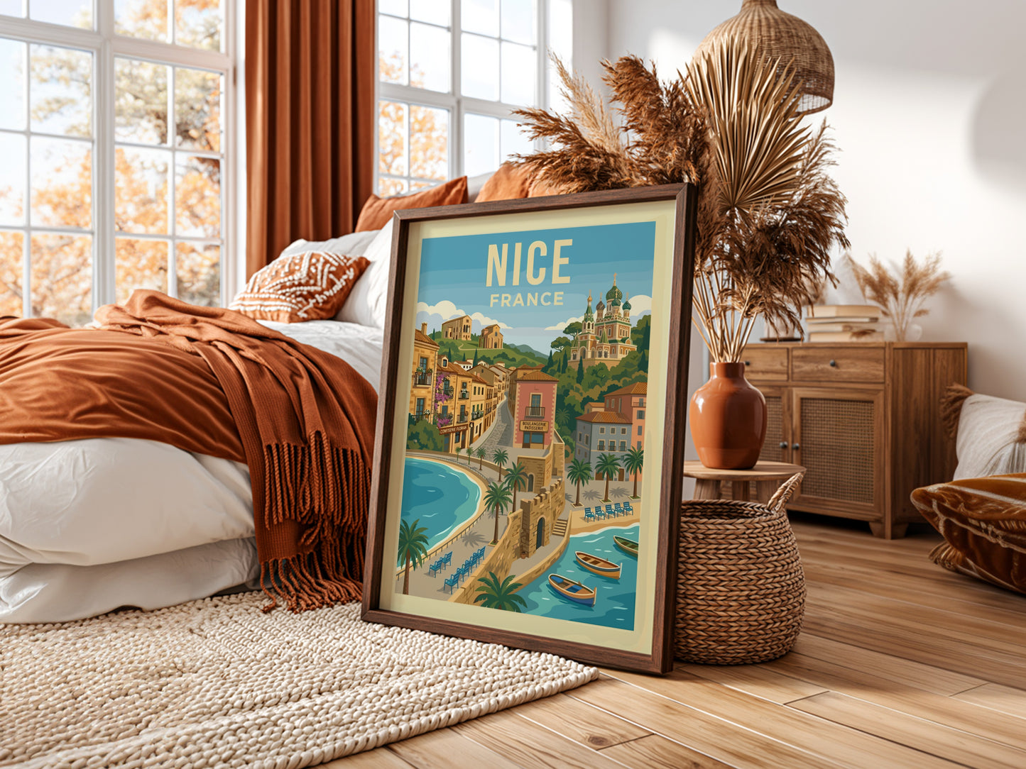 Vintage travel poster of Nice, France, showcasing a coastal view with buildings and a cathedral.