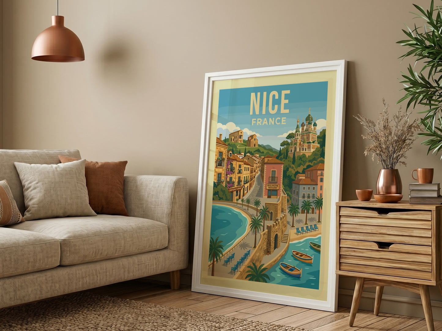 Vintage travel poster of Nice, France, showcasing a coastal view with buildings and a cathedral.