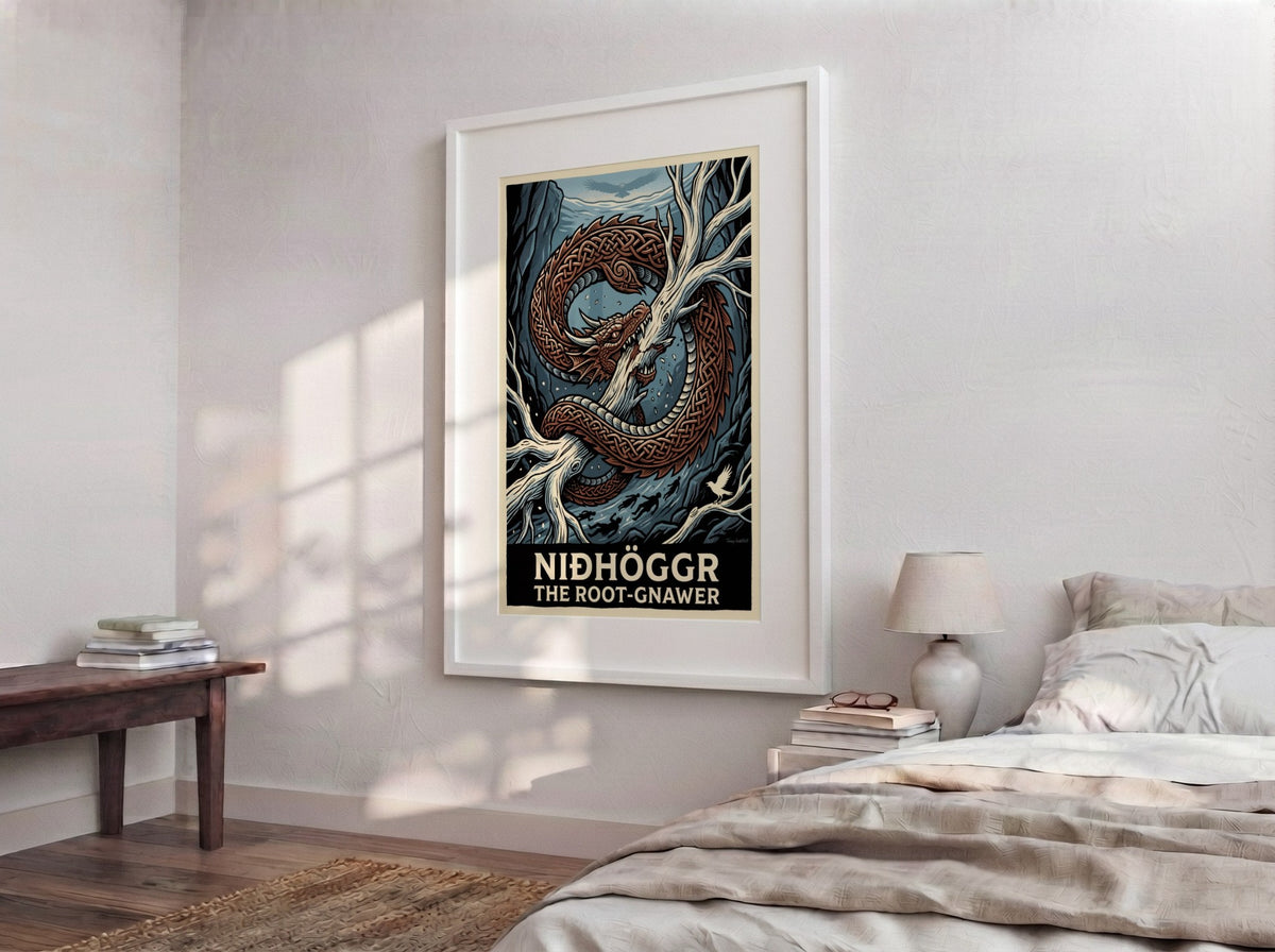 Poster featuring Niðhöggr the dragon gnawing on world tree roots in Norse mythology style.