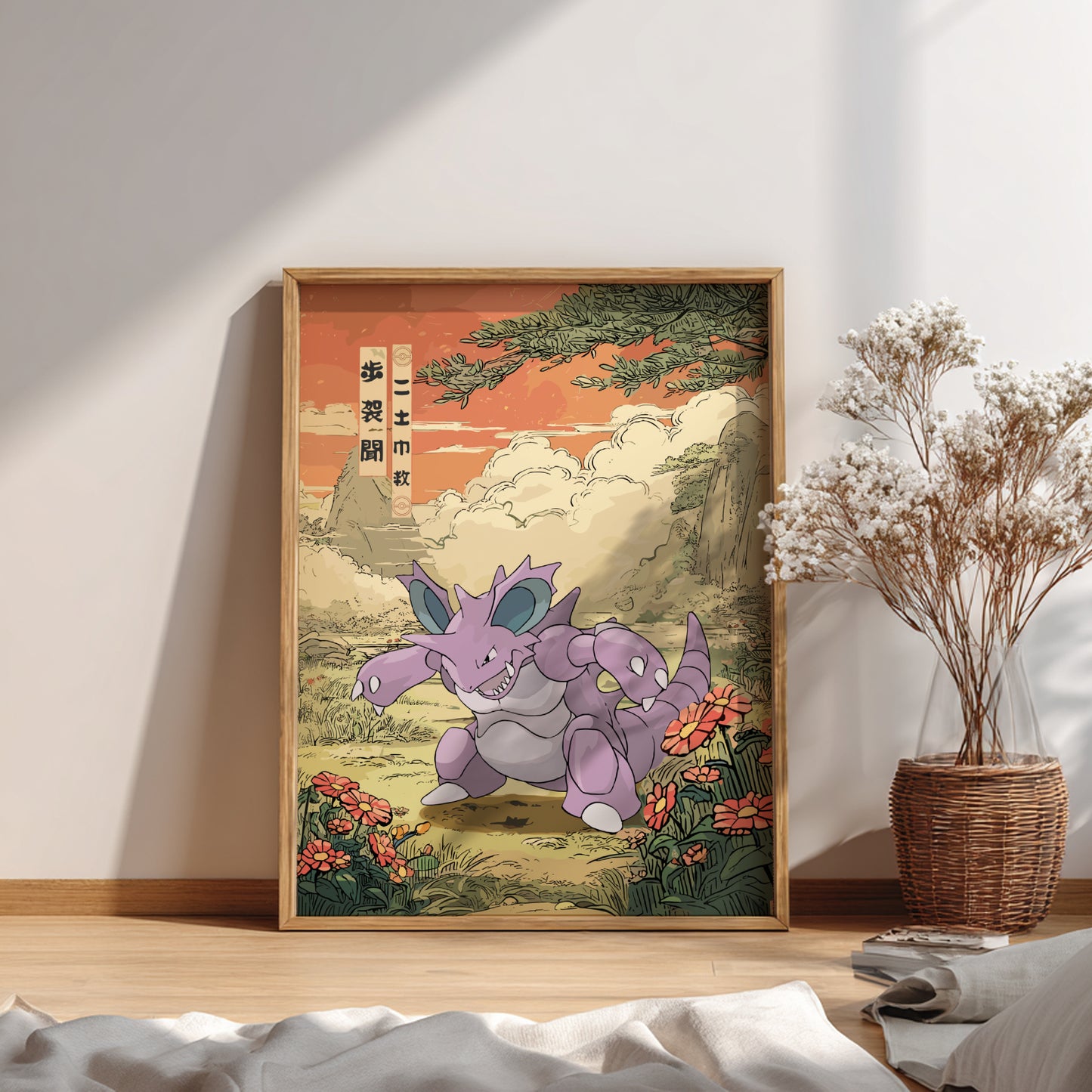 Framed artwork of Nidoking Pokemon in a natural setting on a wall.