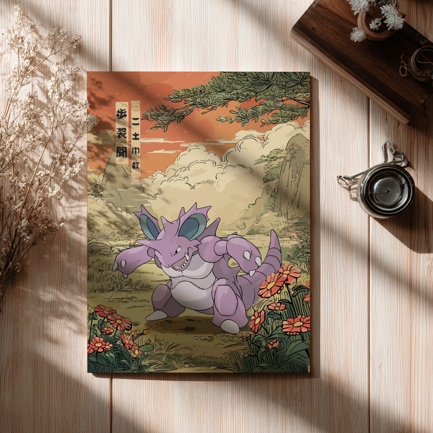 Canvas print of a stylized Nidoking Pokemon in a natural setting on a wooden surface.
