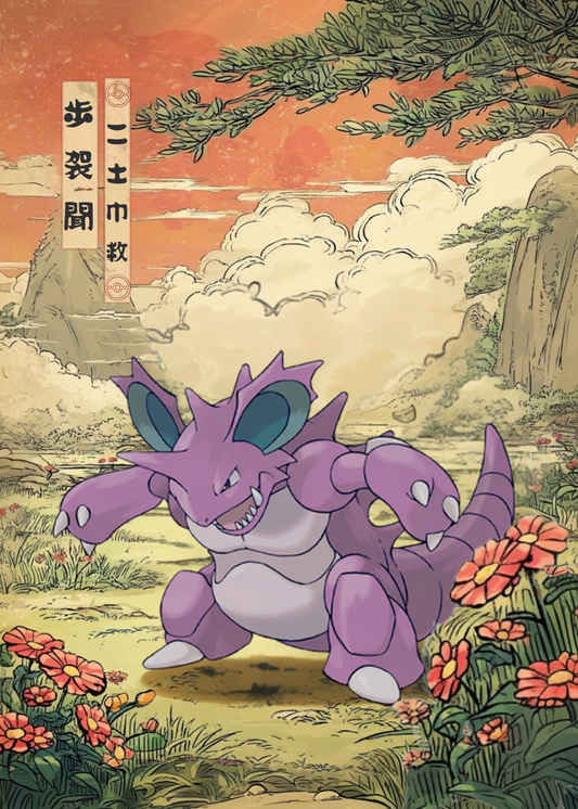 Nidoking Pokemon character in a stylized Japanese landscape with mountains and flowers.