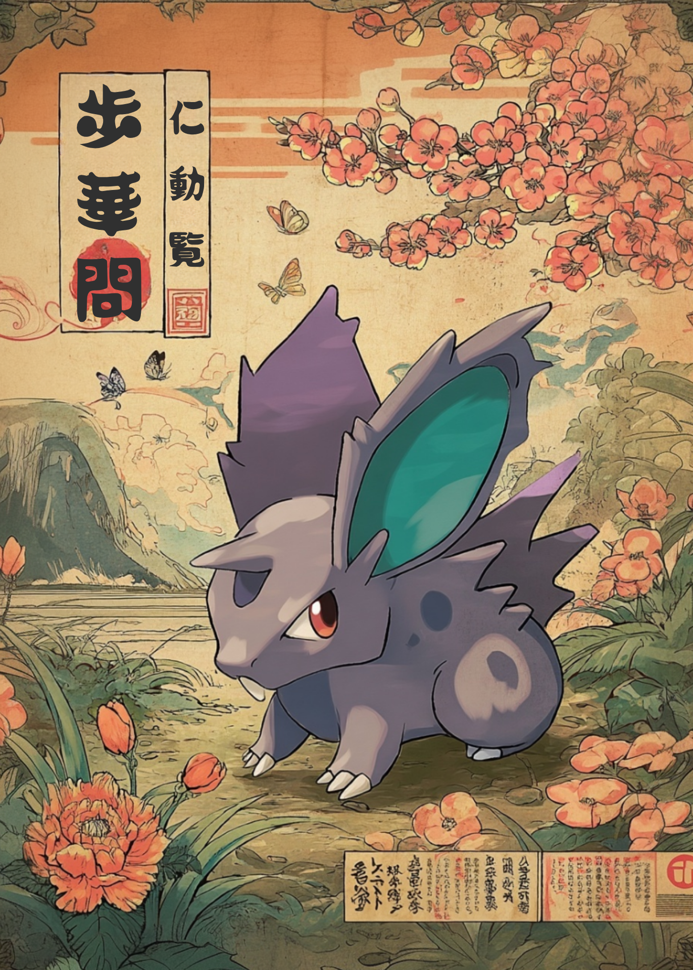 Nidoran Pokemon in a scenic setting with flowers and mountains.