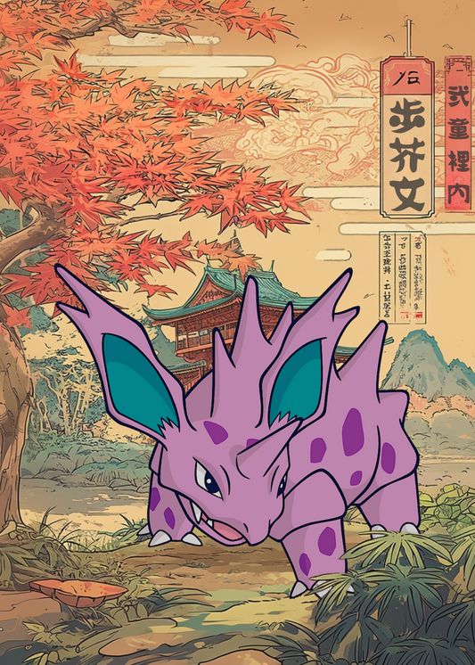 Nidorino Pokemon in a Japanese-style landscape with autumn leaves and a temple.
