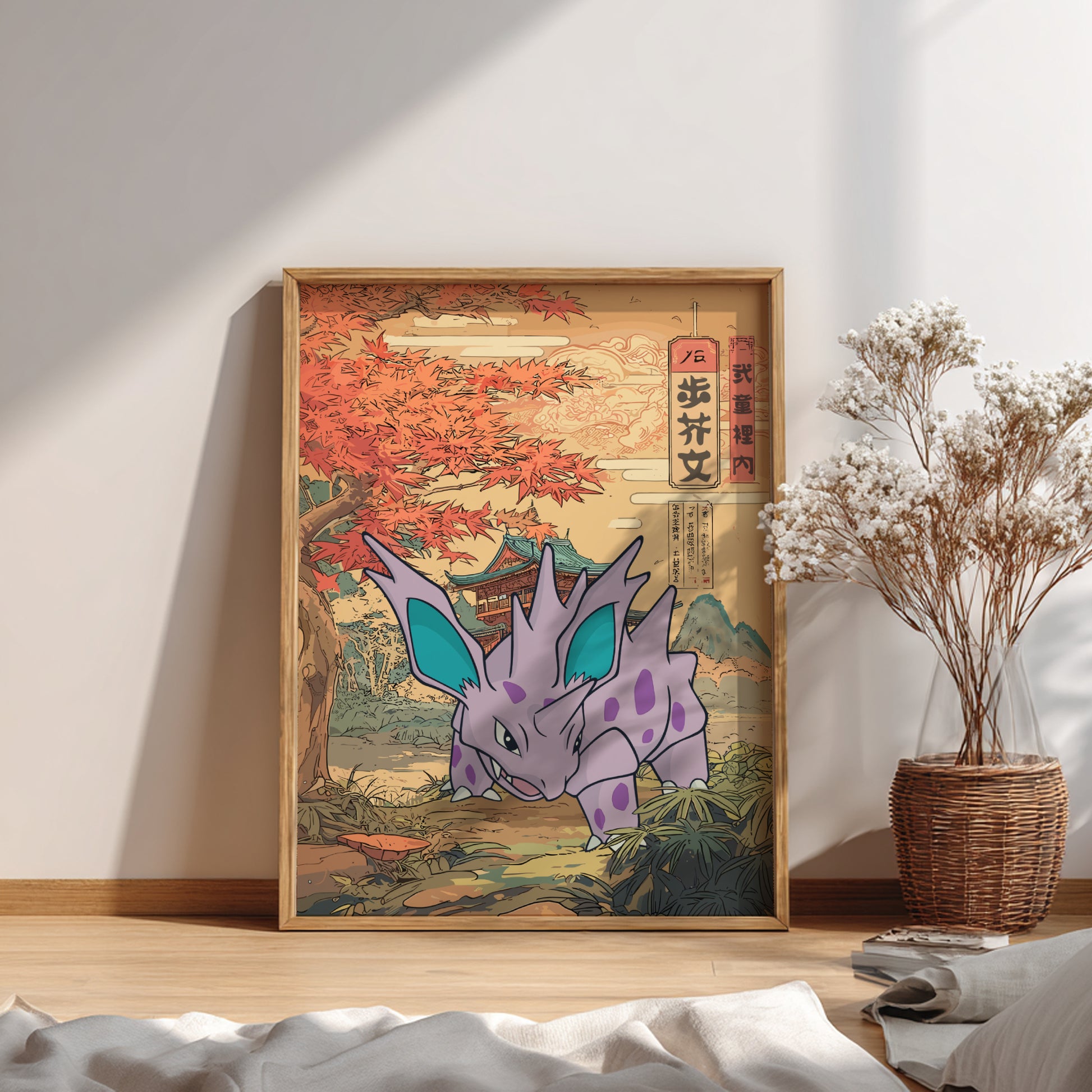 Framed artwork with Nidorino Pokemon in a Japanese-style landscape on a wall.