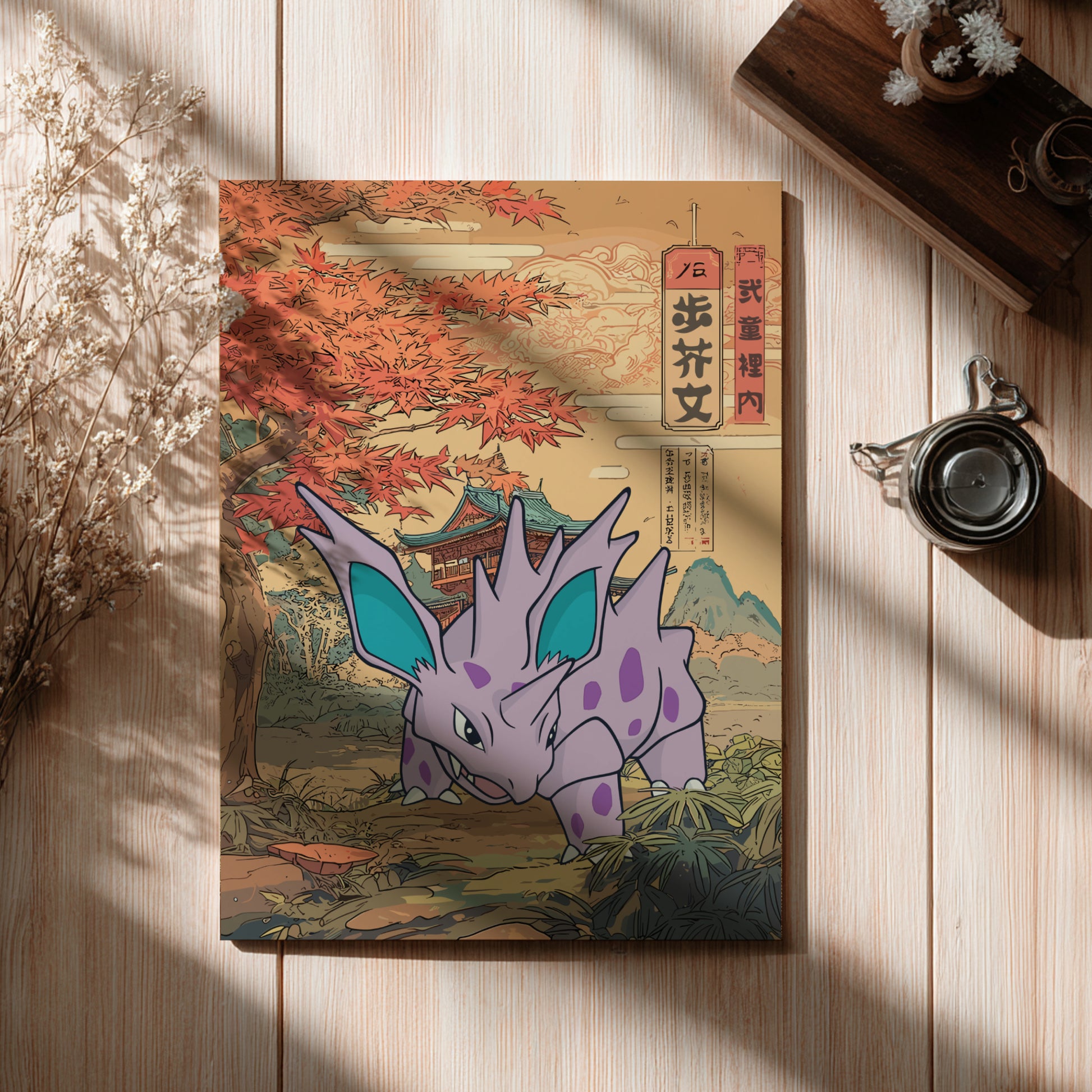 Poster with a Nidorino Pokemon illustration on a wooden surface
