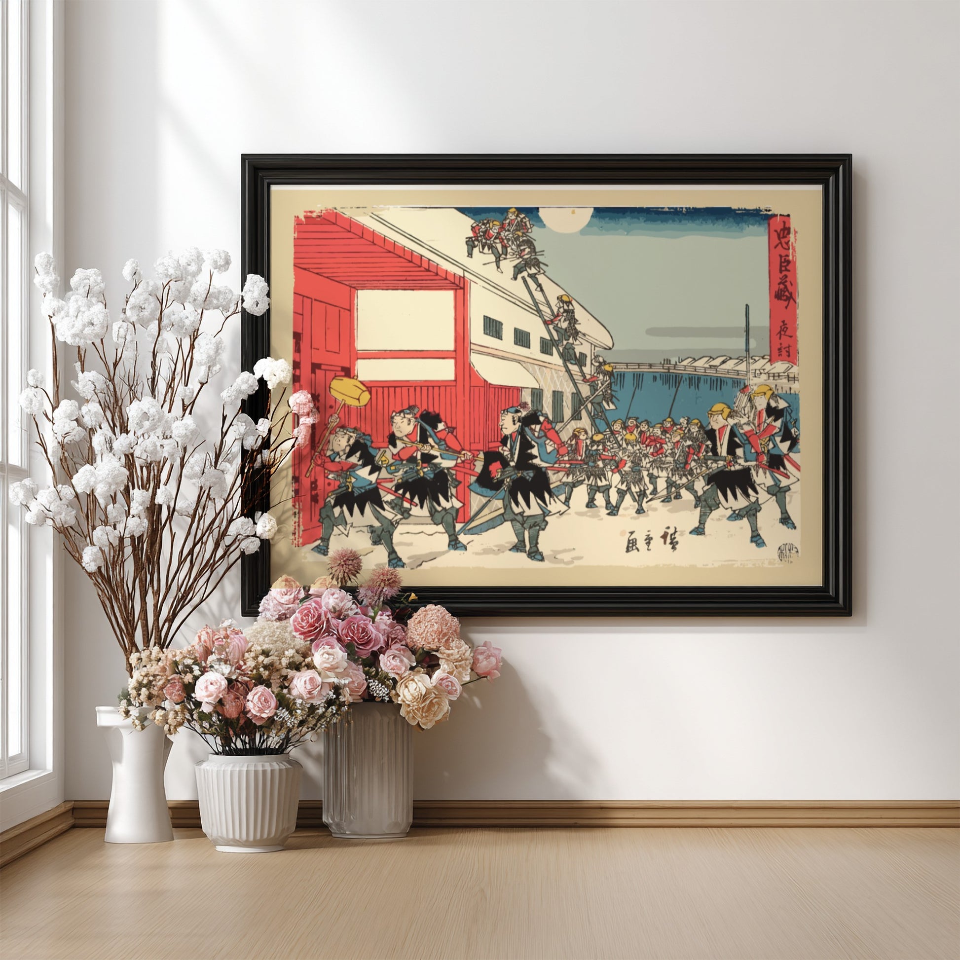 Night Attack art poster featuring Utagawa Hiroshige's vibrant Japanese woodblock print style with historical