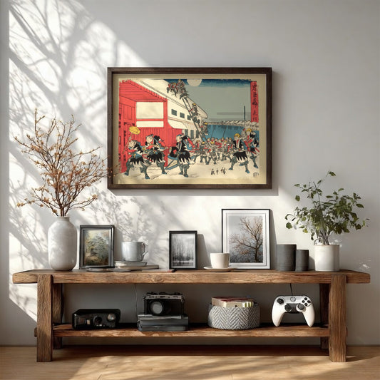 Night Attack art poster featuring Utagawa Hiroshige's vibrant Japanese woodblock print style with historical