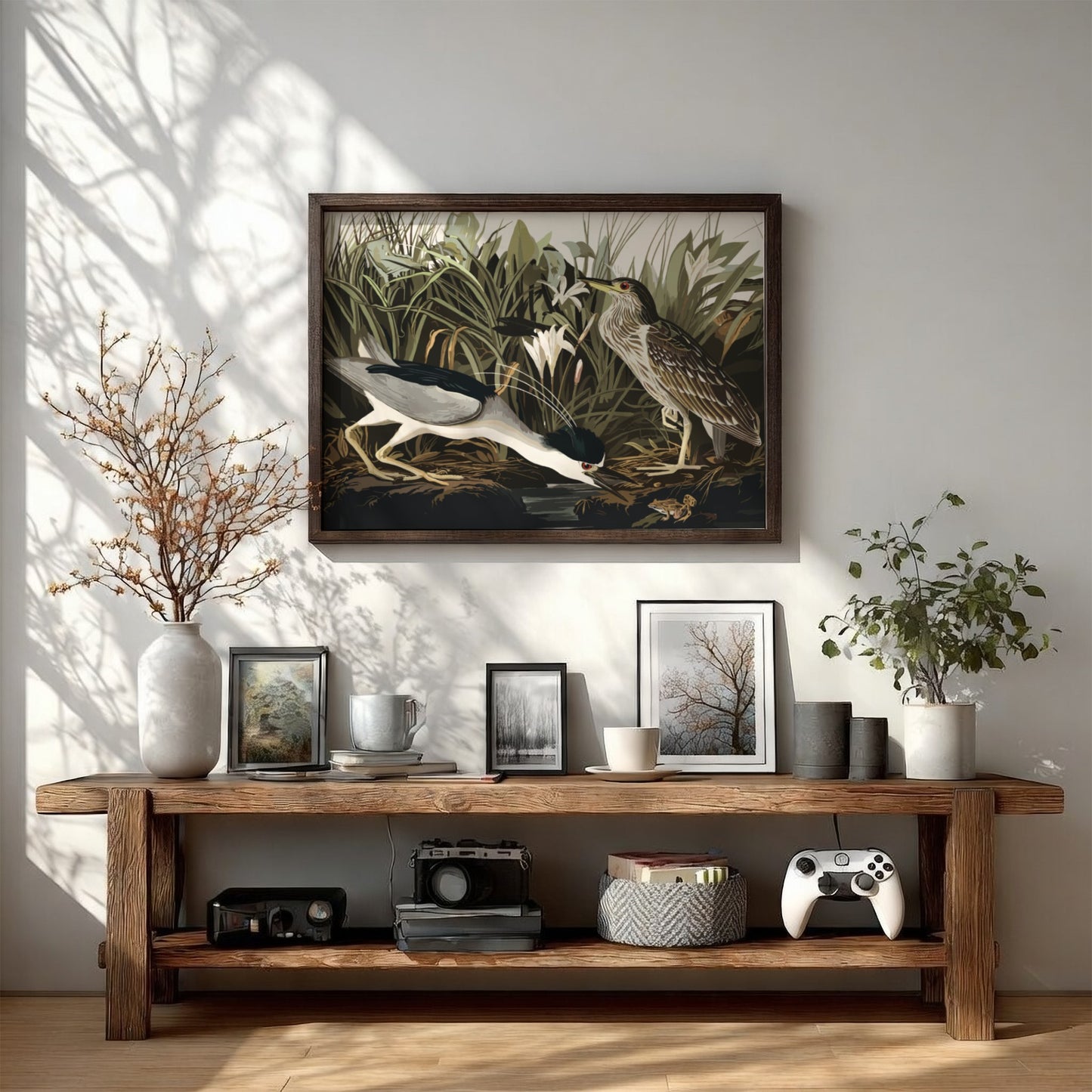 Night Heron art poster featuring detailed illustration, nature theme, rich colors, and elegant design for