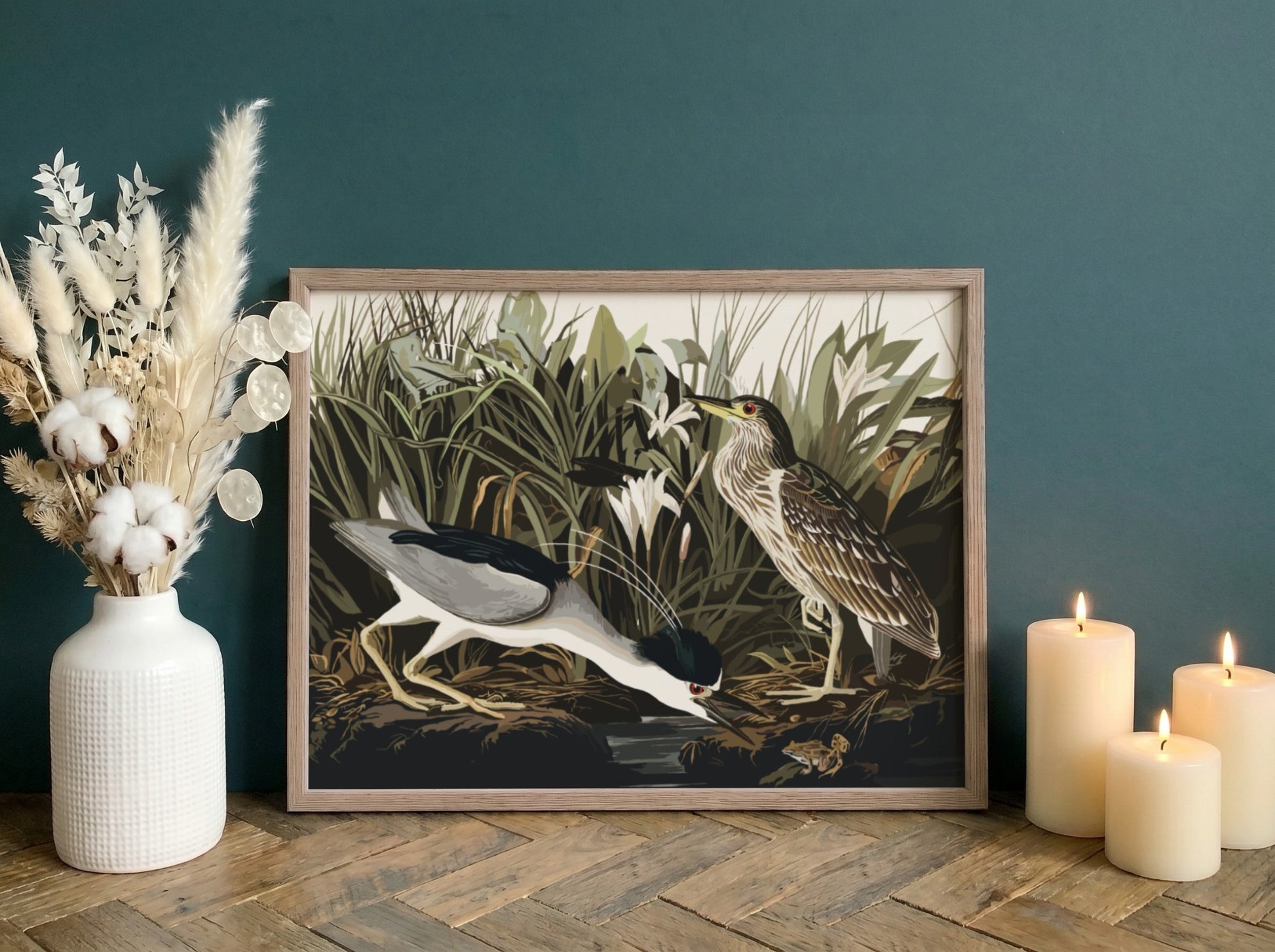 Night Heron art poster featuring detailed illustration, nature theme, rich colors, and elegant design for