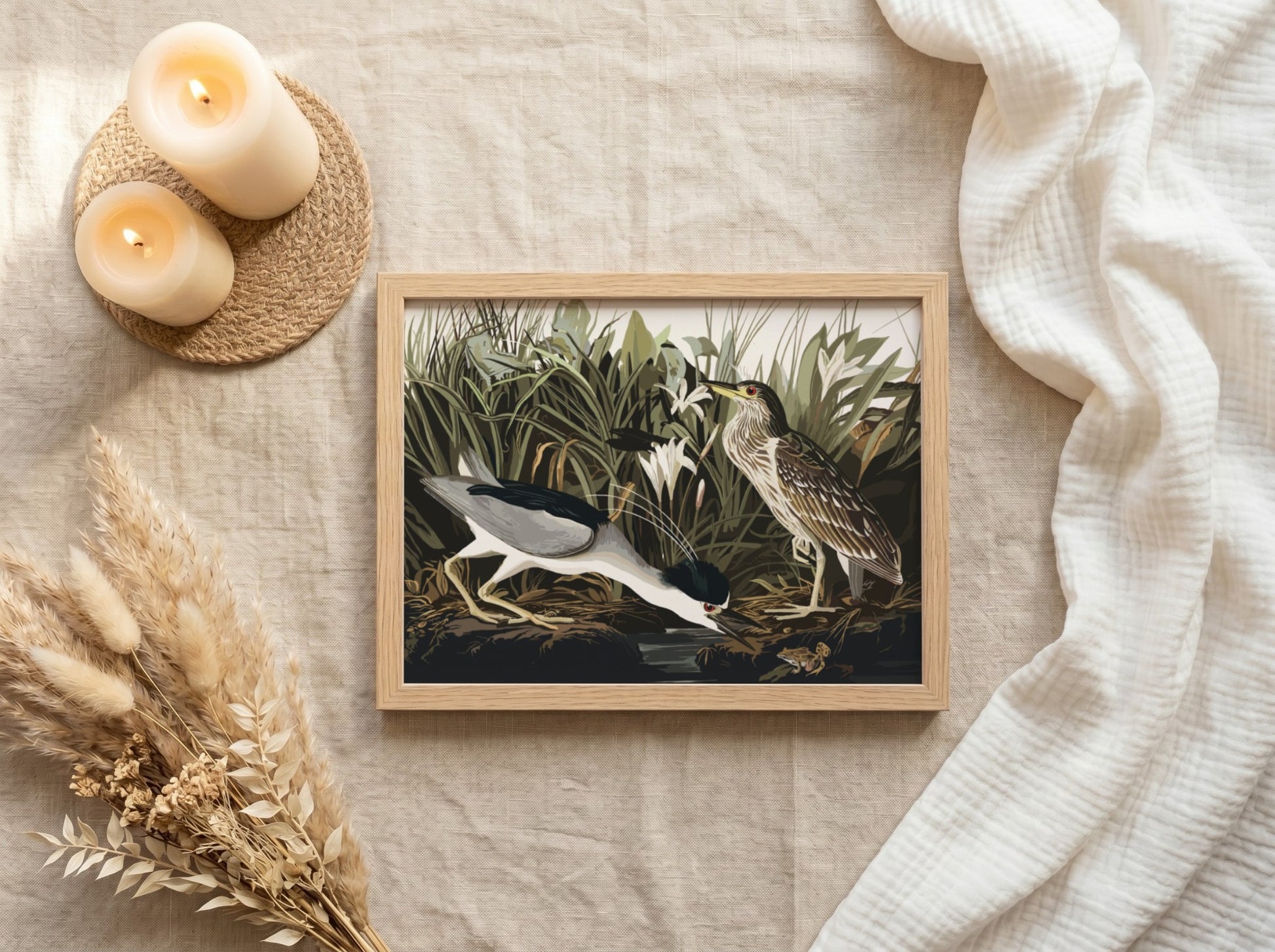 Night Heron art poster featuring detailed illustration, nature theme, rich colors, and elegant design for