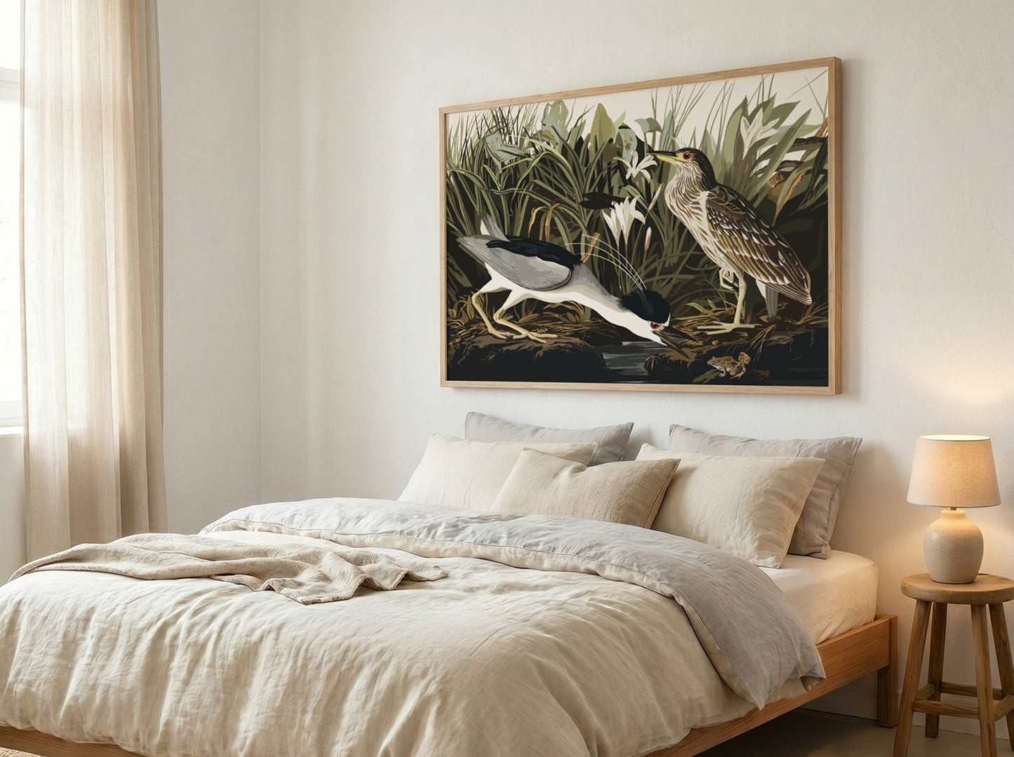 Night Heron art poster featuring detailed illustration, nature theme, rich colors, and elegant design for