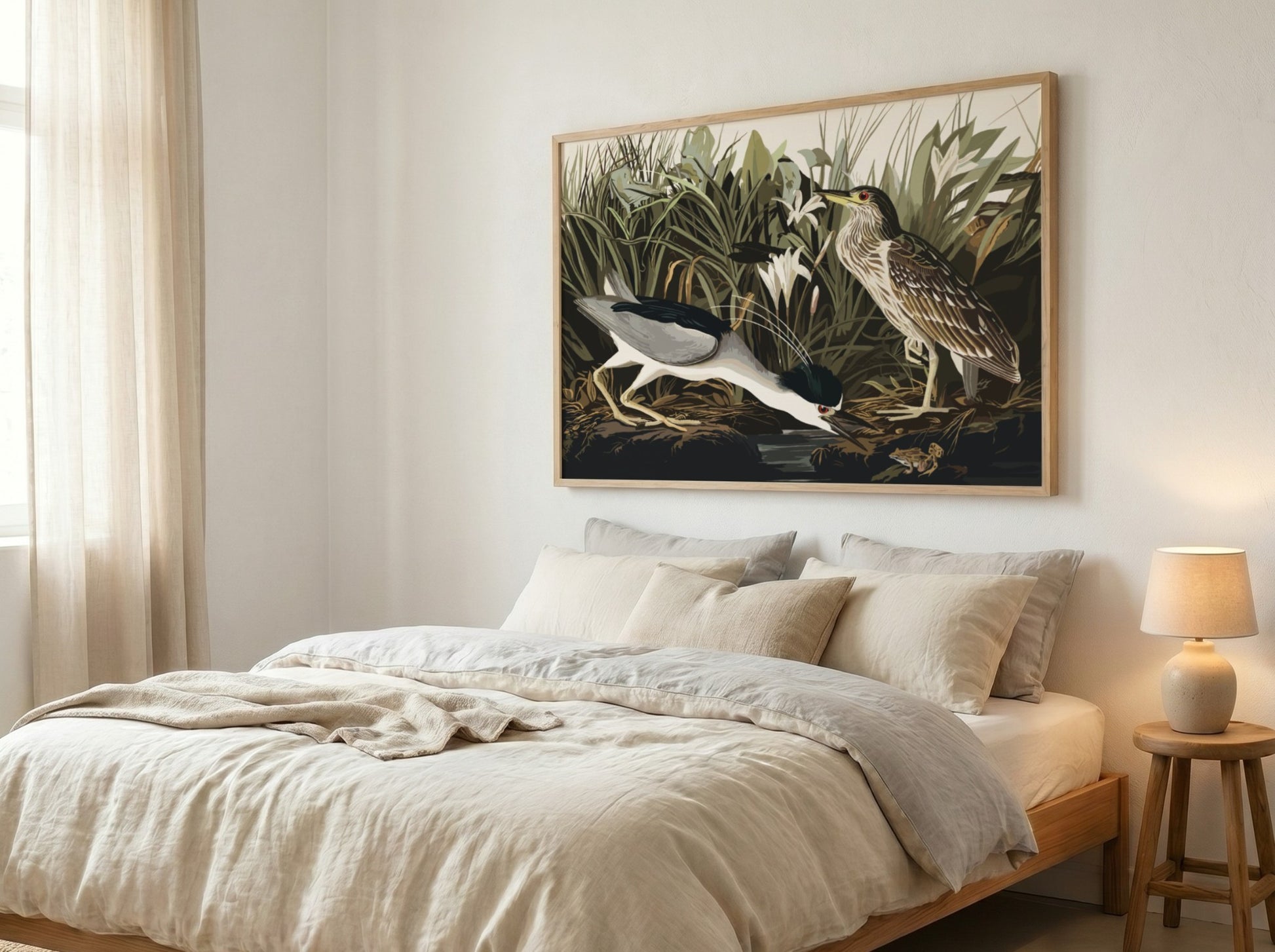Night Heron art poster featuring detailed illustration, nature theme, rich colors, and elegant design for