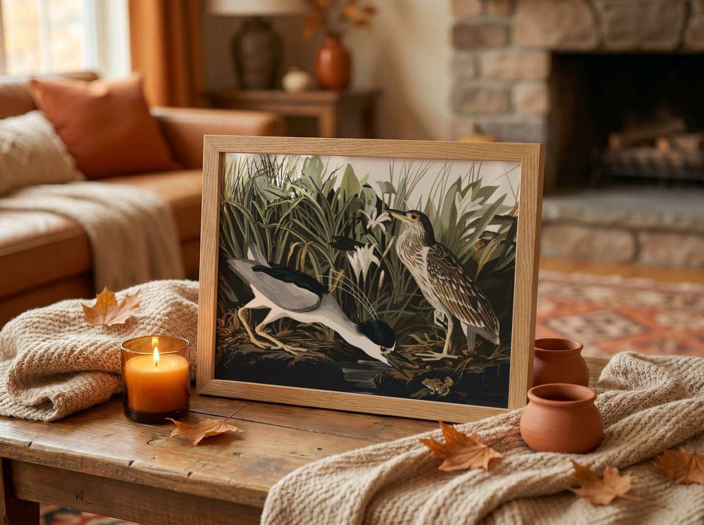 Night Heron art poster featuring detailed illustration, nature theme, rich colors, and elegant design for