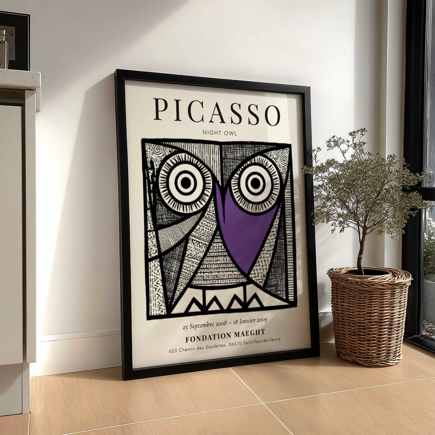 Night Owl poster featuring Picasso inspired design with bold lines and vibrant colors, perfect for wall decor.
