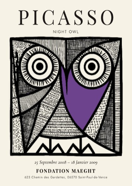 Night Owl poster featuring Picasso inspired design with bold lines and vibrant colors, perfect for wall decor.