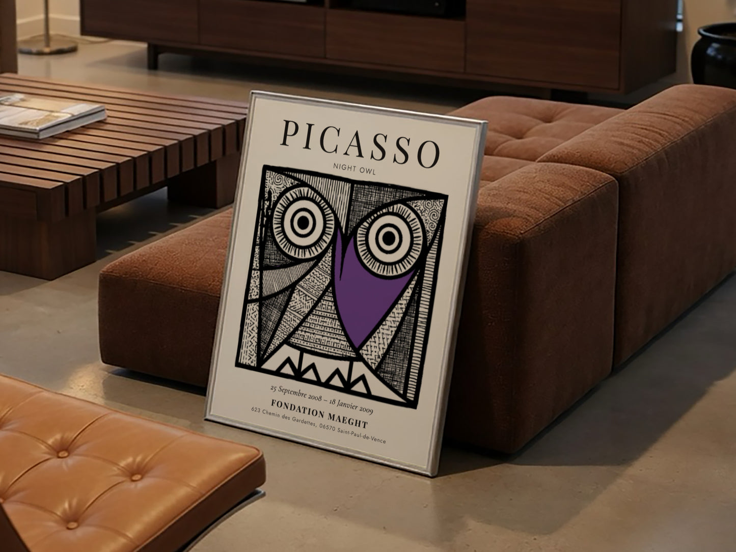 Night Owl poster featuring Picasso inspired design with bold lines and vibrant colors, perfect for wall decor.