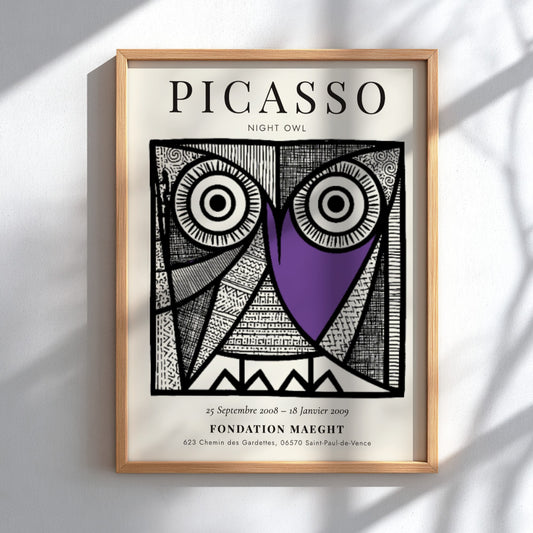 Night Owl poster featuring Picasso inspired design with bold lines and vibrant colors, perfect for wall decor.