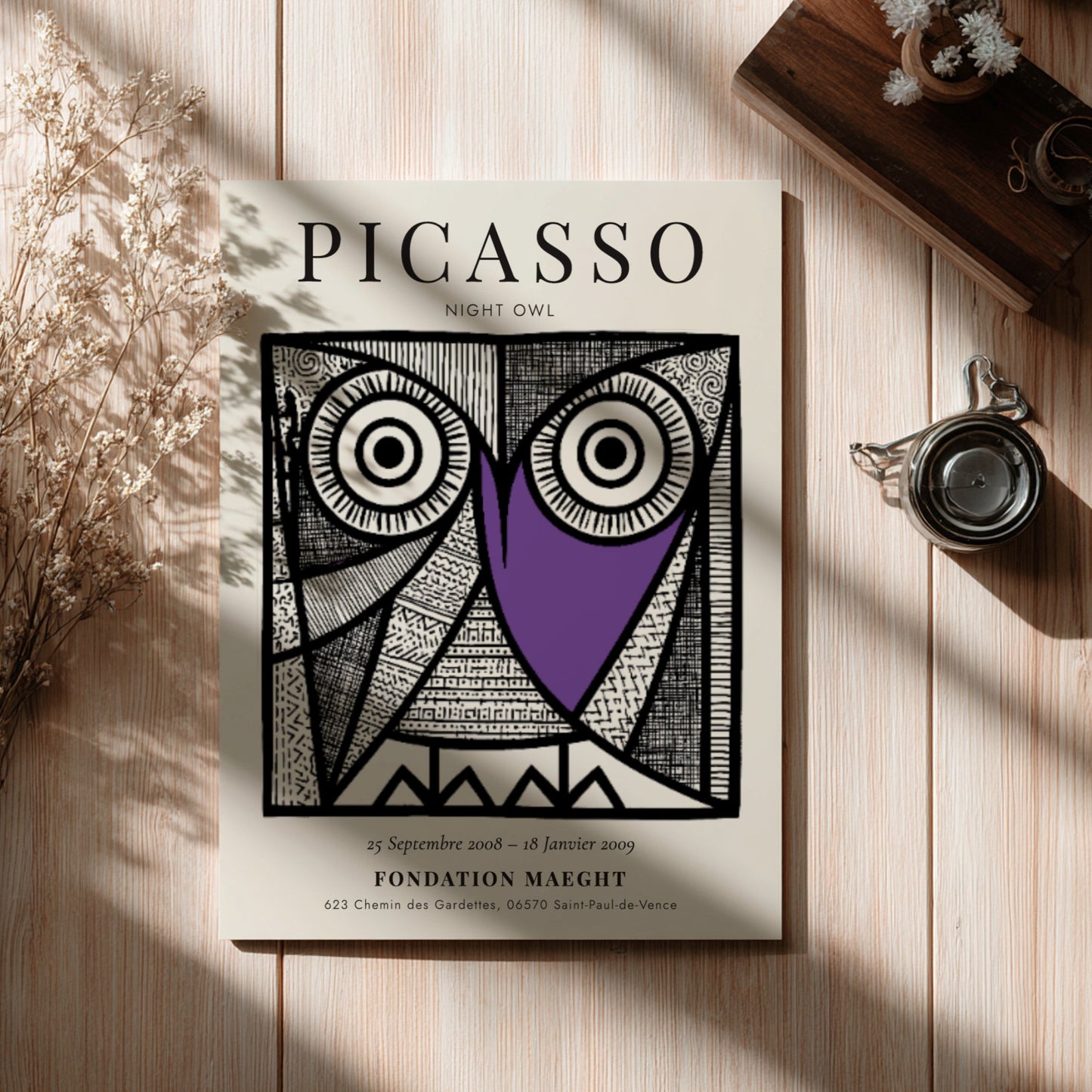 Night Owl poster featuring Picasso inspired design with bold lines and vibrant colors, perfect for wall decor.