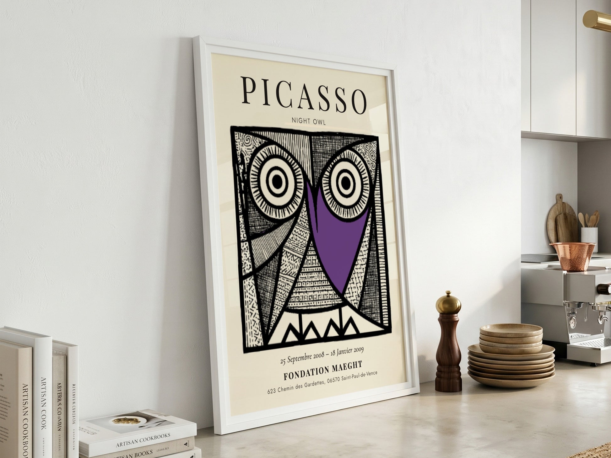 Night Owl poster featuring Picasso inspired design with bold lines and vibrant colors, perfect for wall decor.